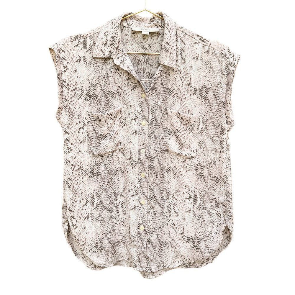 Ann Taylor LOFT Brown Light Pink Cap Sleeve Snakeskin Animal Print Button Up Top